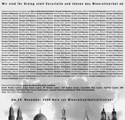 Namensinserat Nein zur Minarettsverbotsinitiative